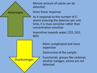 Minute amount of solute can be
detected
Gives linear response
As it responds to the number of C-
atoms entering the detector per unit
time, it is mass sensitive rather than
concentration sensitive
Insensitive towards water, CO2, SO2,
NO2
More complicated and more
expensive
Destructive of the sample
Functionals groups like carbonyl,
alcohol, halogen, amine are not
detected
10
Advantages
Disadvantages
 