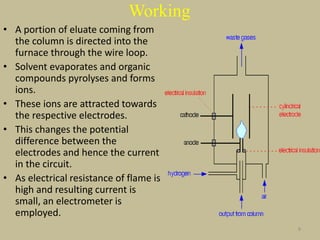Working
• A portion of eluate coming from
the column is directed into the
furnace through the wire loop.
• Solvent evaporates and organic
compounds pyrolyses and forms
ions.
• These ions are attracted towards
the respective electrodes.
• This changes the potential
difference between the
electrodes and hence the current
in the circuit.
• As electrical resistance of flame is
high and resulting current is
small, an electrometer is
employed.
8
 