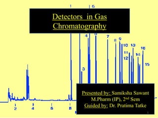 Detectors in Gas
Chromatography
Presented by: Samiksha Sawant
M.Pharm (IP), 2nd Sem
Guided by: Dr. Pratima Tatke
1
 