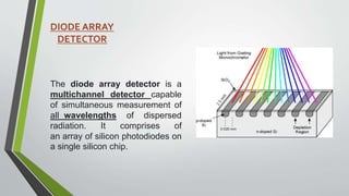 DIODE ARRAY
DETECTOR
The diode array detector is a
multichannel detector capable
of simultaneous measurement of
all wavelengths of dispersed
radiation. It comprises of
an array of silicon photodiodes on
a single silicon chip.
 