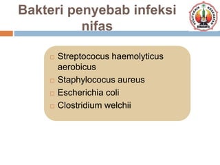 Bakteri penyebab infeksi
nifas
 Streptococus haemolyticus
aerobicus
 Staphylococus aureus
 Escherichia coli
 Clostridium welchii
 