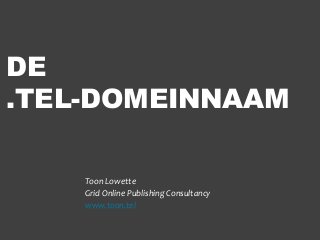 DE
.TEL-DOMEINNAAM

    Toon Lowette
    Grid Online Publishing Consultancy
    www.toon.tel
 