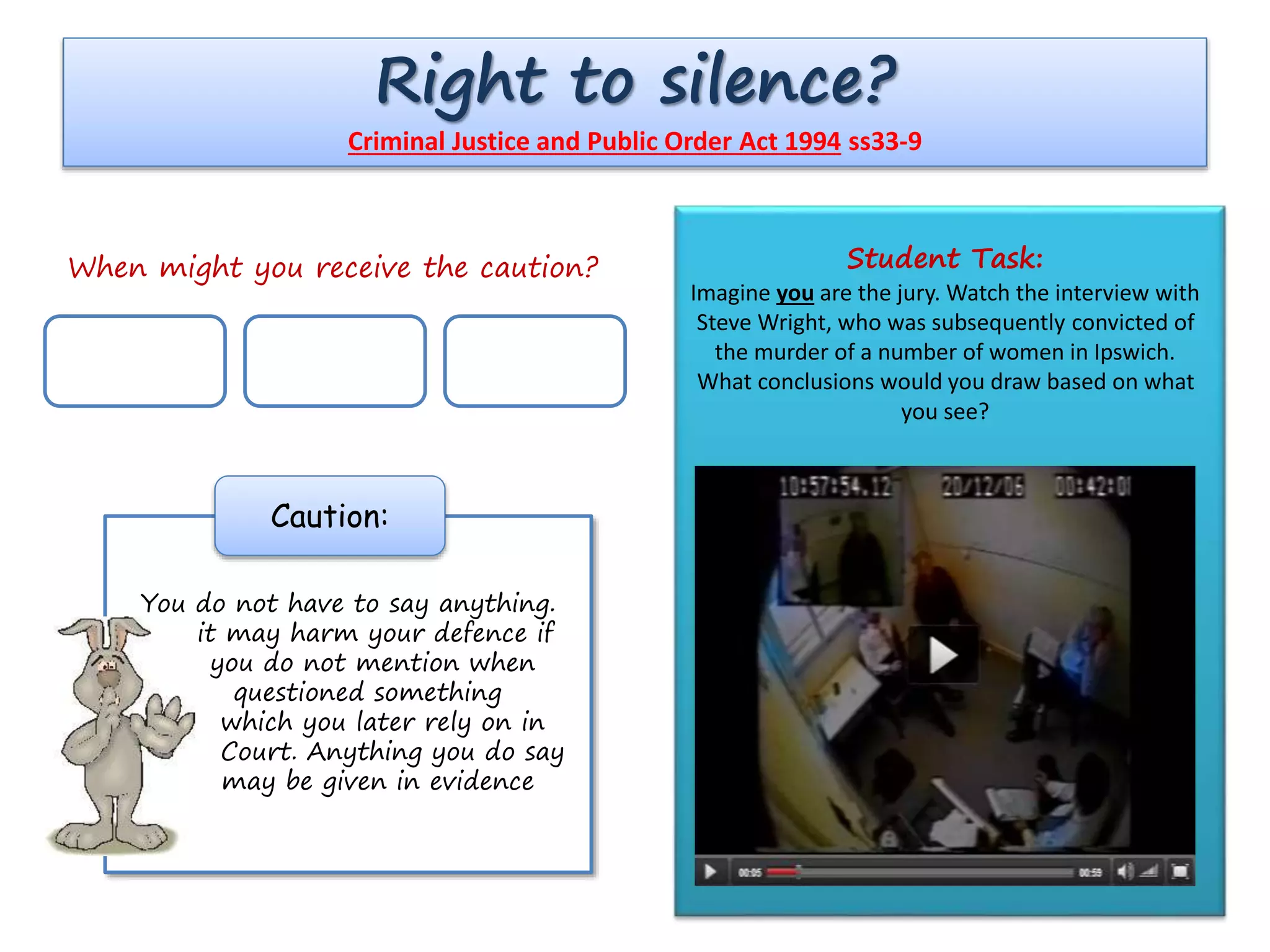Right to silence?
Criminal Justice and Public Order Act 1994 ss33-9
You do not have to say anything.
But it may harm your defence if
you do not mention when
questioned something
which you later rely on in
Court. Anything you do say
may be given in evidence
Caution:
When might you receive the caution? Student Task:
Imagine you are the jury. Watch the interview with
Steve Wright, who was subsequently convicted of
the murder of a number of women in Ipswich.
What conclusions would you draw based on what
you see?
 