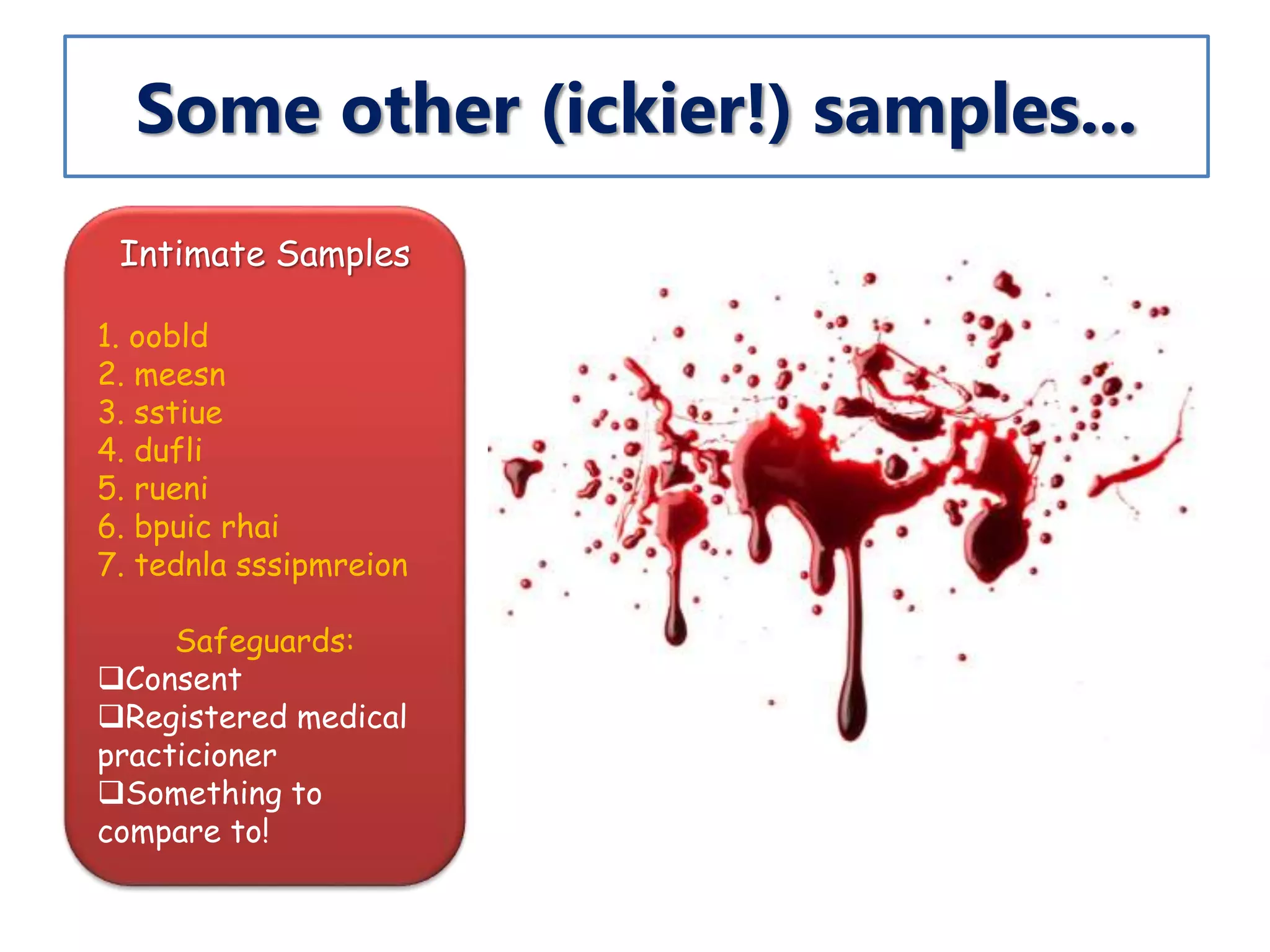 Some other (ickier!) samples...
Intimate Samples
1. oobld
2. meesn
3. sstiue
4. dufli
5. rueni
6. bpuic rhai
7. tednla sssipmreion
Safeguards:
Consent
Registered medical
practicioner
Something to
compare to!
 