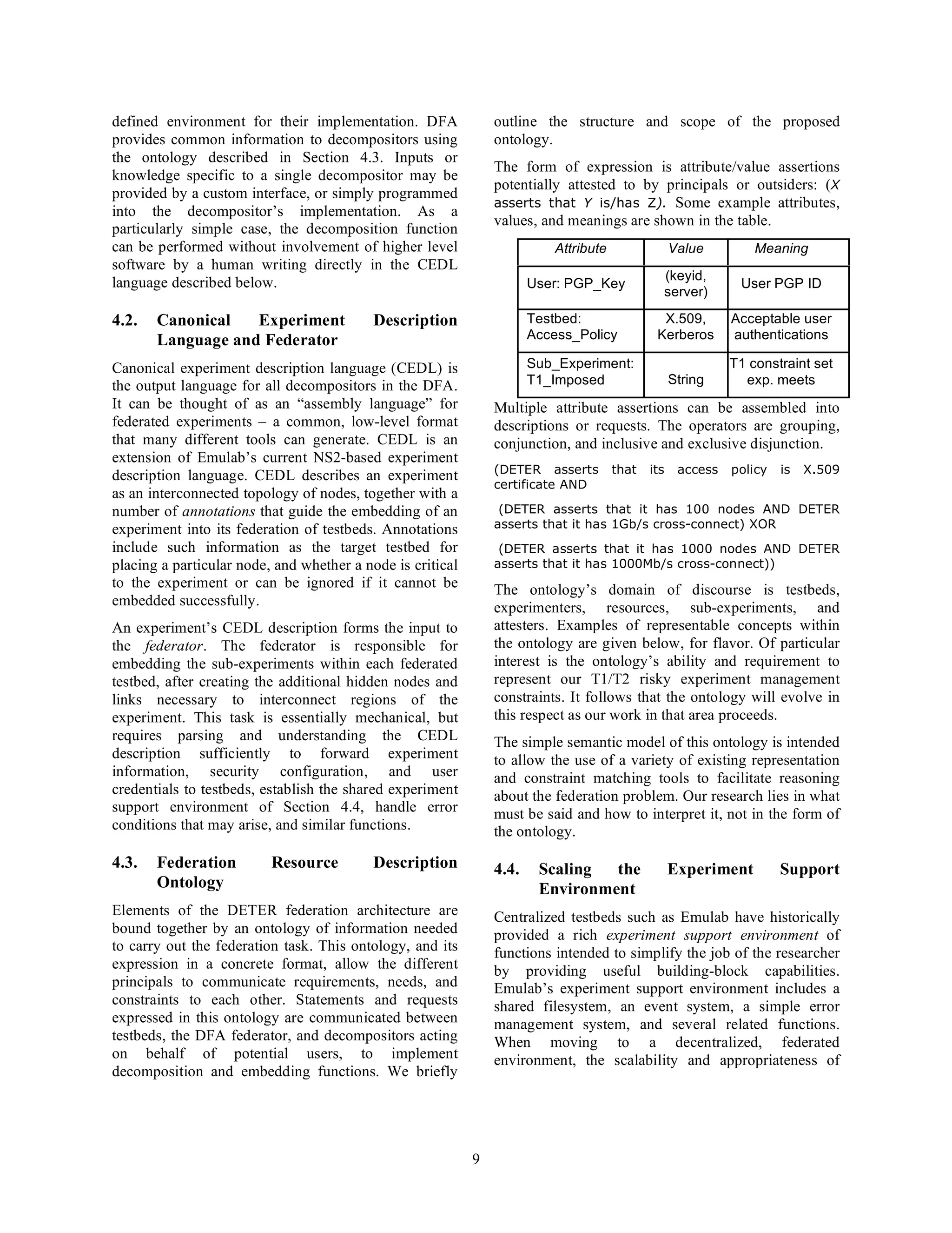 defined environment for their implementation. DFA               outline the structure and scope of the proposed
provides common information to decompositors using              ontology.
the ontology described in Section 4.3. Inputs or
                                                                The form of expression is attribute/value assertions
knowledge specific to a single decompositor may be
                                                                potentially attested to by principals or outsiders: (X
provided by a custom interface, or simply programmed
                                                                asserts that Y is/has Z). Some example attributes,
into the decompositor’s implementation. As a
                                                                values, and meanings are shown in the table.
particularly simple case, the decomposition function
can be performed without involvement of higher level                       Attribute                Value         Meaning
software by a human writing directly in the CEDL
                                                                                                (keyid,
language described below.                                              User: PGP_Key                           User PGP ID
                                                                                                server)

4.2.   Canonical   Experiment              Description                 Testbed:                 X.509,        Acceptable user
       Language and Federator                                          Access_Policy           Kerberos       authentications

Canonical experiment description language (CEDL) is                    Sub_Experiment:                        T1 constraint set
the output language for all decompositors in the DFA.                  T1_Imposed                   String      exp. meets
It can be thought of as an “assembly language” for              Multiple attribute assertions can be assembled into
federated experiments – a common, low-level format              descriptions or requests. The operators are grouping,
that many different tools can generate. CEDL is an              conjunction, and inclusive and exclusive disjunction.
extension of Emulab’s current NS2-based experiment
                                                                (DETER asserts         that   its    access   policy   is   X.509
description language. CEDL describes an experiment
                                                                certificate AND
as an interconnected topology of nodes, together with a
number of annotations that guide the embedding of an             (DETER asserts that it has 100 nodes AND DETER
experiment into its federation of testbeds. Annotations         asserts that it has 1Gb/s cross-connect) XOR
include such information as the target testbed for               (DETER asserts that it has 1000 nodes AND DETER
placing a particular node, and whether a node is critical       asserts that it has 1000Mb/s cross-connect))
to the experiment or can be ignored if it cannot be             The ontology’s domain of discourse is testbeds,
embedded successfully.                                          experimenters, resources, sub-experiments, and
An experiment’s CEDL description forms the input to             attesters. Examples of representable concepts within
the federator. The federator is responsible for                 the ontology are given below, for flavor. Of particular
embedding the sub-experiments within each federated             interest is the ontology’s ability and requirement to
testbed, after creating the additional hidden nodes and         represent our T1/T2 risky experiment management
links necessary to interconnect regions of the                  constraints. It follows that the ontology will evolve in
experiment. This task is essentially mechanical, but            this respect as our work in that area proceeds.
requires parsing and understanding the CEDL                     The simple semantic model of this ontology is intended
description sufficiently to forward experiment                  to allow the use of a variety of existing representation
information, security configuration, and user                   and constraint matching tools to facilitate reasoning
credentials to testbeds, establish the shared experiment        about the federation problem. Our research lies in what
support environment of Section 4.4, handle error                must be said and how to interpret it, not in the form of
conditions that may arise, and similar functions.               the ontology.

4.3.   Federation         Resource         Description          4.4.    Scaling  the                Experiment         Support
       Ontology                                                         Environment
Elements of the DETER federation architecture are               Centralized testbeds such as Emulab have historically
bound together by an ontology of information needed             provided a rich experiment support environment of
to carry out the federation task. This ontology, and its        functions intended to simplify the job of the researcher
expression in a concrete format, allow the different            by providing useful building-block capabilities.
principals to communicate requirements, needs, and              Emulab’s experiment support environment includes a
constraints to each other. Statements and requests              shared filesystem, an event system, a simple error
expressed in this ontology are communicated between             management system, and several related functions.
testbeds, the DFA federator, and decompositors acting           When moving to a decentralized, federated
on behalf of potential users, to implement                      environment, the scalability and appropriateness of
decomposition and embedding functions. We briefly




                                                            9
 