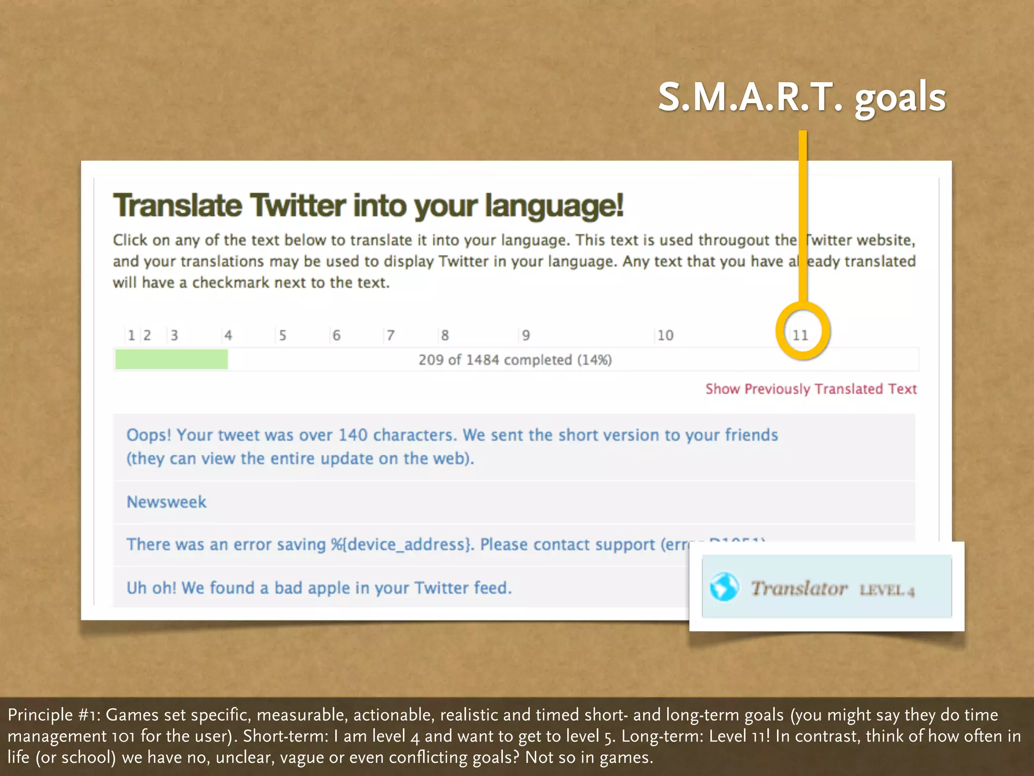 S.M.A.R.T. goals




Principle #1: Games set specific, measurable, actionable, realistic and timed short- and long-term goals (you might say they do time
management 101 for the user). Short-term: I am level 4 and want to get to level 5. Long-term: Level 11! In contrast, think of how often in
life (or school) we have no, unclear, vague or even conflicting goals? Not so in games.
 