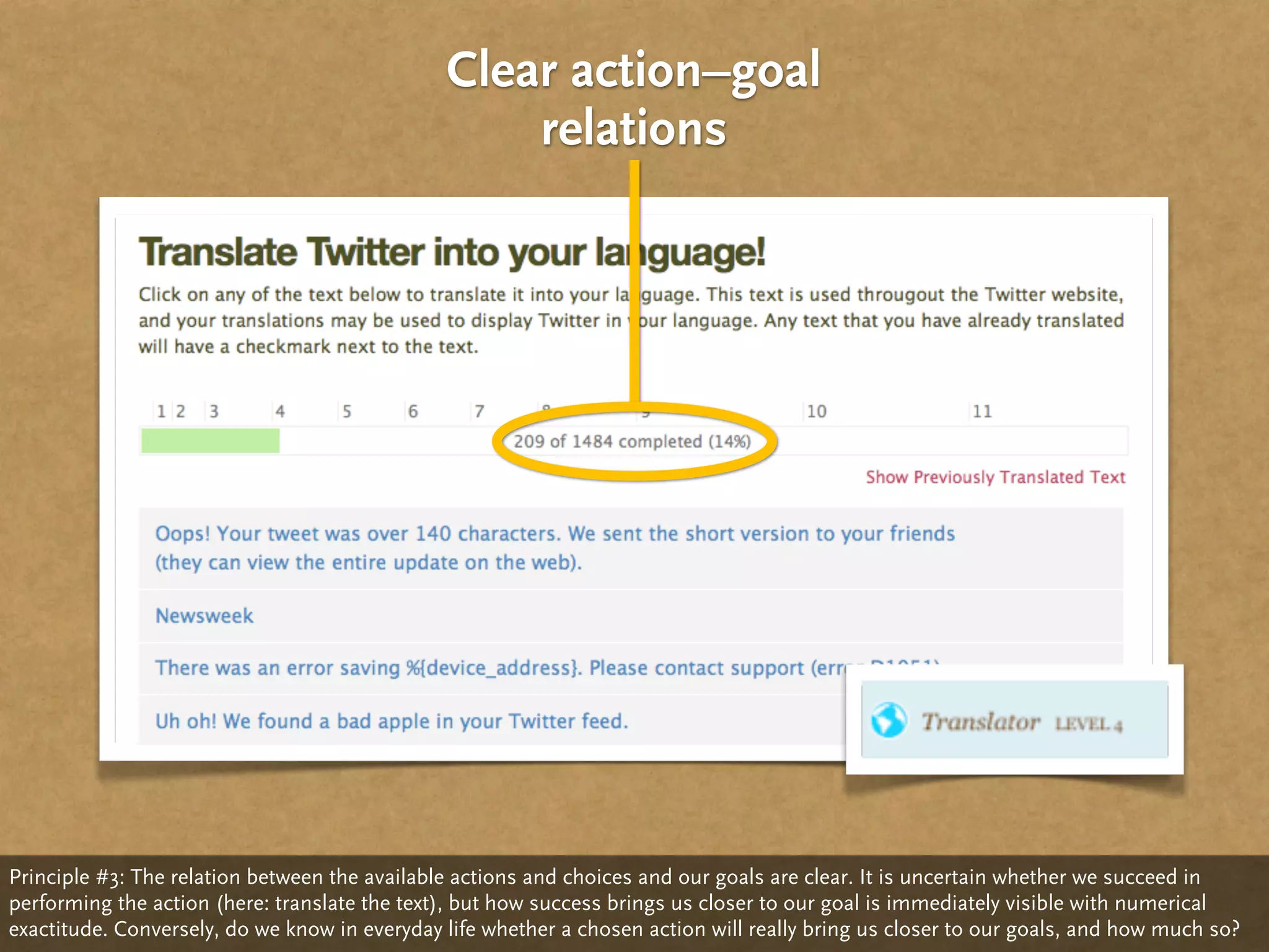 Clear action–goal
                                                   relations




Principle #3: The relation between the available actions and choices and our goals are clear. It is uncertain whether we succeed in
performing the action (here: translate the text), but how success brings us closer to our goal is immediately visible with numerical
exactitude. Conversely, do we know in everyday life whether a chosen action will really bring us closer to our goals, and how much so?
 