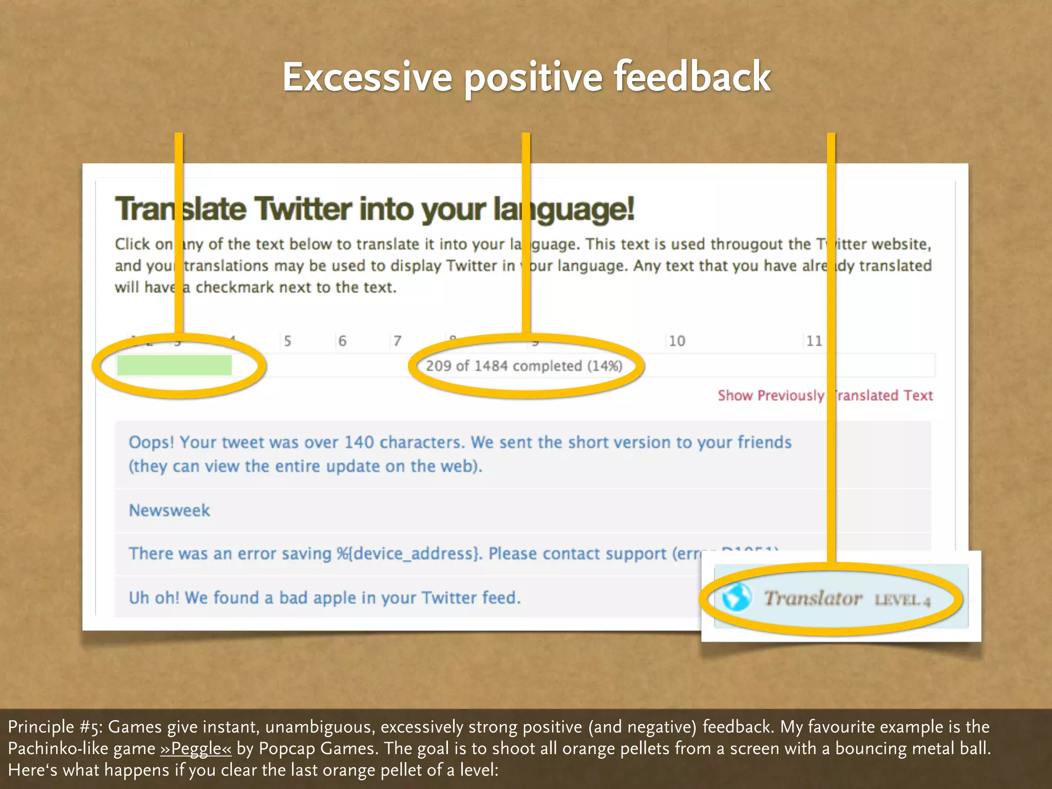 Excessive positive feedback




Principle #5: Games give instant, unambiguous, excessively strong positive (and negative) feedback. My favourite example is the
Pachinko-like game »Peggle« by Popcap Games. The goal is to shoot all orange pellets from a screen with a bouncing metal ball.
Here‘s what happens if you clear the last orange pellet of a level:
 