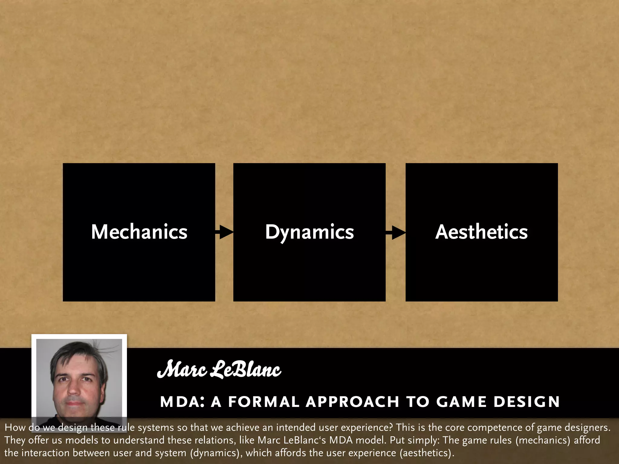 Mechanics                            Dynamics                             Aesthetics




                                Marc LeBlanc
                                mda: a formal approach to game design
How do we design these rule systems so that we achieve an intended user experience? This is the core competence of game designers.
They offer us models to understand these relations, like Marc LeBlanc‘s MDA model. Put simply: The game rules (mechanics) afford
the interaction between user and system (dynamics), which affords the user experience (aesthetics).
 