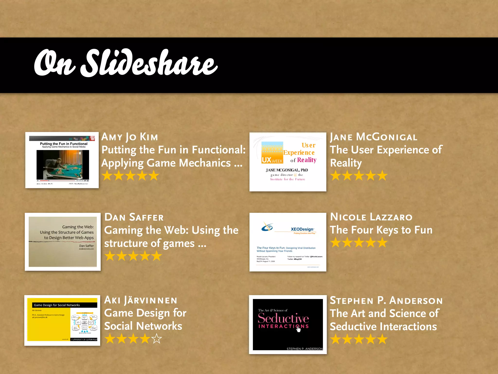 On Slideshare
    Amy Jo Kim                       Jane McGonigal
    Putting the Fun in Functional:   The User Experience of
    Applying Game Mechanics ...      Reality



     Dan Saffer                      Nicole Lazzaro
     Gaming the Web: Using the       The Four Keys to Fun
     structure of games ...



     Aki Järvinnen                   Stephen P. Anderson
     Game Design for                 The Art and Science of
     Social Networks                 Seductive Interactions
 