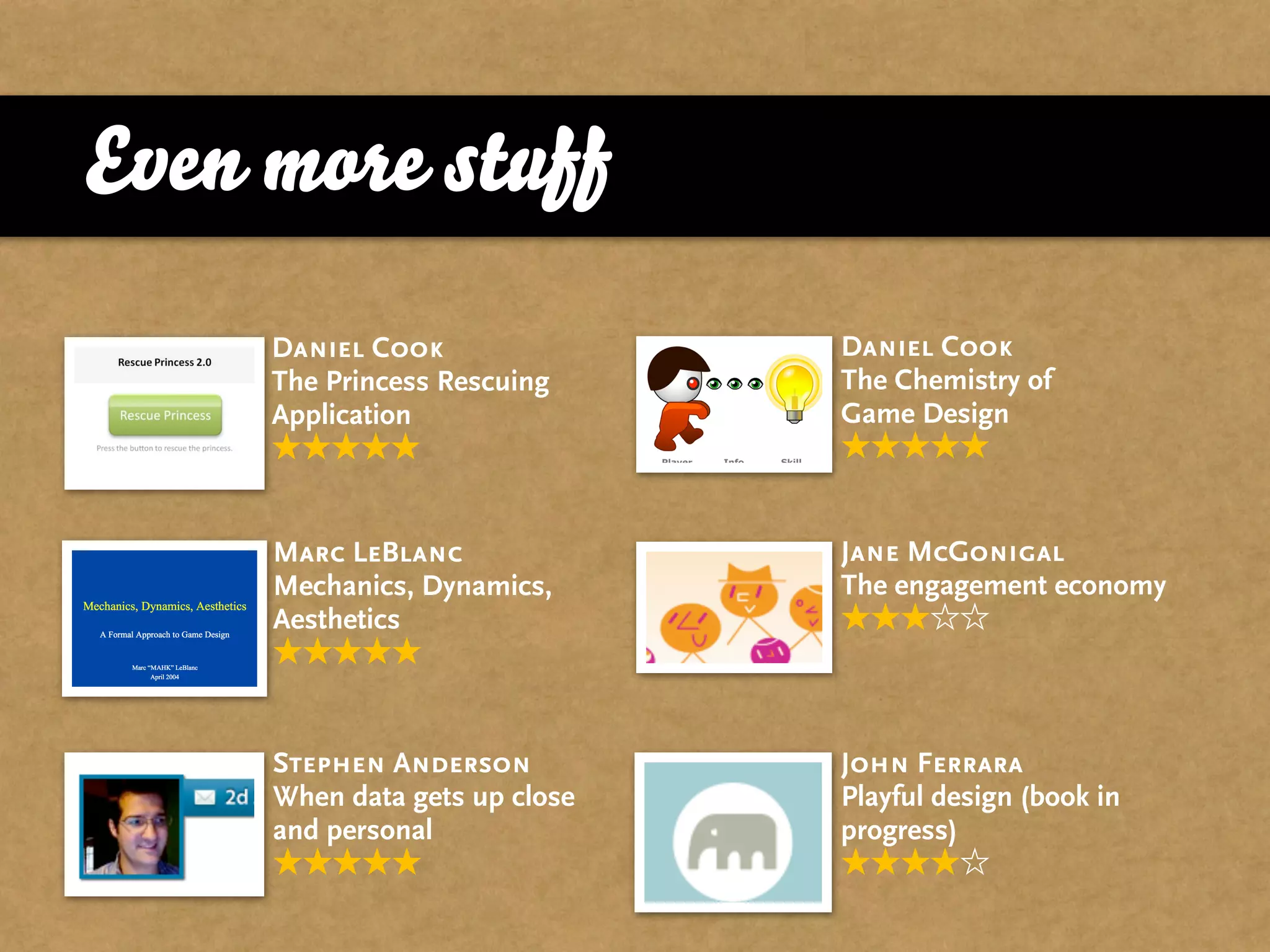 Even more stuff
     Daniel Cook               Daniel Cook
     The Princess Rescuing     The Chemistry of
     Application               Game Design



     Marc LeBlanc              Jane McGonigal
     Mechanics, Dynamics,      The engagement economy
     Aesthetics



     Stephen Anderson          John Ferrara
     When data gets up close   Playful design (book in
     and personal              progress)
 