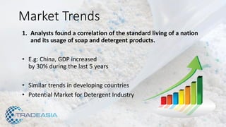 Market Trends
1. Analysts found a correlation of the standard living of a nation
and its usage of soap and detergent products.
• E.g: China, GDP increased
by 30% during the last 5 years
• Similar trends in developing countries
• Potential Market for Detergent Industry
 