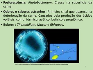 • Fosforescência: Photobacterium. Cresce na superfície da
carne
• Odores e sabores estranhos: Primeiro sinal que aparece na
deterioração da carne. Causados pela produção dos ácidos
voláteis, como: fórmico, acético, butírico e propiônico.
• Bolores : Thamnidium, Mucor e Rhizopus.
8
FONTE: http://www.ff.up.pt/toxicologia/monografias/ano0506/eter/ETER_ficheiros/image052.jpg
 