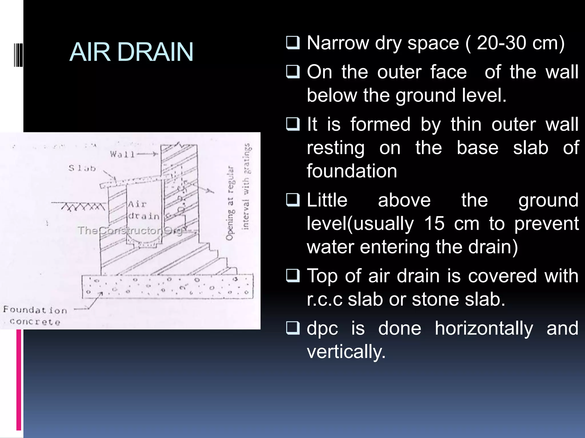 AIR DRAIN  Narrow dry space ( 20-30 cm)
 On the outer face of the wall
below the ground level.
 It is formed by thin outer wall
resting on the base slab of
foundation
 Little above the ground
level(usually 15 cm to prevent
water entering the drain)
 Top of air drain is covered with
r.c.c slab or stone slab.
 dpc is done horizontally and
vertically.
 