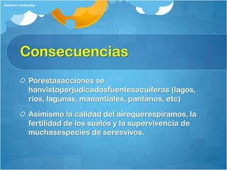 Deterioro Ambiental




         Consecuencias
              Porestasacciones se
              hanvistoperjudicadosfuentesacuíferas (lagos,
              ríos, lagunas, manantiales, pantanos, etc)

              Asímismo la calidad del airequerespiramos, la
              fertilidad de los suelos y la supervivencia de
              muchasespecies de seresvivos.
 