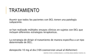 TRATAMIENTO
Asumir que todos los pacientes con DCL tienen una patología
subyacente.
se han realizado múltiples ensayos clínicos en sujetos con DCL que
incluyen diferentes estrategias terapéuticas.
La estrategia de dirigir el tratamiento de manera especifica a un tipo
determinado de DCL.
donepezilo 10 mg al dia (16% coonversion anual al Alzheimer)
GERIATRÍA. D’HYVER C, GUTIÉRREZ ROBLEDO L. M., EDITORIAL MANUAL MODERNO, 3ª EDICIÓN, 2014.
 