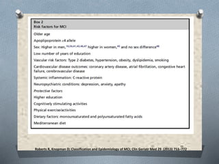Roberts R, Knopman D; Classification and Epidemiology of MCI; Clin Geriatr Med 29 (2013) 753–772
Factores asociados
 