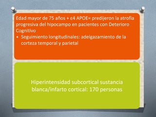 Ronald C. P, Mild Cognitive Impairment, N Engl J Med 2011;364:2227-34
Edad mayor de 75 años + ε4 APOE= predijeron la atrofia
progresiva del hipocampo en pacientes con Deterioro
Cognitivo
• Seguimiento longitudinales: adelgazamiento de la
corteza temporal y parietal
Hiperintensidad subcortical sustancia
blanca/infarto cortical: 170 personas
 