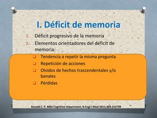 Ronald C. P, Mild Cognitive Impairment, N Engl J Med 2011;364:222734
I. Déficit de memoria
1. Déficit progresivo de la memoria
2. Elementos orientadores del déficit de
memoria:
❑ Tendencia a repetir la misma pregunta
❑ Repetición de acciones
❑ Olvidos de hechos trascendentales y/o
banales
❑ Pérdidas
 