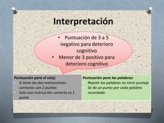 Interpretación
Puntuación para el reloj:
• Si tiene las dos instrucciones
correctas son 2 puntos
• Solo una instrucción correcta es 1
punto
Puntuación para las palabras:
• Repetir las palabras no tiene puntaje
• Se da un punto por cada palabra
recordada
• Puntuación de 3 a 5
negativo para deterioro
cognitivo
• Menor de 3 positivo para
deterioro cognitivo
 