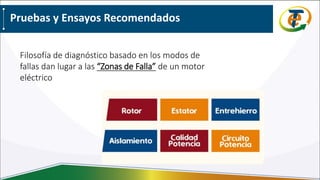 Pruebas y Ensayos Recomendados
Filosofía de diagnóstico basado en los modos de
fallas dan lugar a las “Zonas de Falla” de un motor
eléctrico
 
