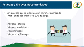 Pruebas y Ensayos Recomendados
• Son pruebas que se ejecutan con el motor energizado
– trabajando por encima del 60% de carga.
Prueba Potencia
Evaluación de Rotor
Excentricidad
Prueba de Arranque
 