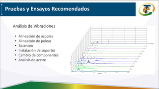 Análisis de Vibraciones
Pruebas y Ensayos Recomendados
• Alineación de acoples
• Alineación de poleas
• Balanceo
• Instalación de soportes
• Cambio de componentes
• Análisis de aceite
 