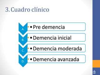 3.Cuadro clínico
A.
B.
C.
D.
••Pre demencia
••Demencia inicial
••Demencia moderada
••Demencia avanzada
3
4
 