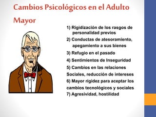 Cambios Psicológicos en el Adulto
Mayor
1) Rigidización de los rasgos de
personalidad previos
2) Conductas de atesoramiento,
apegamiento a sus bienes
3) Refugio en el pasado
4) Sentimientos de Inseguridad
5) Cambios en las relaciones
Sociales, reducción de intereses
6) Mayor rigidez para aceptar los
cambios tecnológicos y sociales
7) Agresividad, hostilidad
 