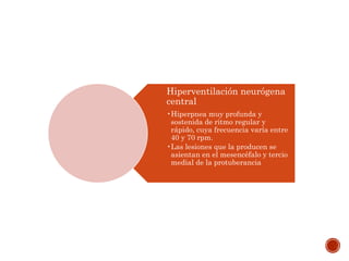Hiperventilación neurógena
central
•Hiperpnea muy profunda y
sostenida de ritmo regular y
rápido, cuya frecuencia varía entre
40 y 70 rpm.
•Las lesiones que la producen se
asientan en el mesencéfalo y tercio
medial de la protuberancia
 