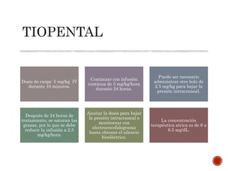 Dosis de carga: 5 mg/kg IV
durante 10 minutos.
Continuar con infusión
continua de 5 mg/kg/hora
durante 24 horas.
Puede ser necesario
administrar otro bolo de
2.5 mg/kg para bajar la
presión intracraneal.
Después de 24 horas de
tratamiento, se saturan las
grasas, por lo que se debe
reducir la infusión a 2.5
mg/kg/hora.
Ajustar la dosis para bajar
la presión intracraneal o
monitorear con
electroencefalograma
hasta obtener el silencio
bioeléctrico.
La concentración
terapéutica sérica es de 6 a
8.5 mg/dL.
 