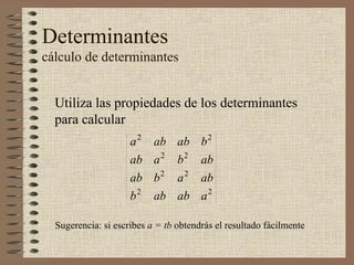 Determinantes cálculo de determinantes Utiliza las propiedades de los determinantes para calcular Sugerencia: si escribes  a = tb  obtendrás el resultado fácilmente 