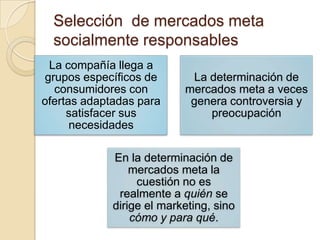 Selección de mercados meta
socialmente responsables
La compañía llega a
grupos específicos de
consumidores con
ofertas adaptadas para
satisfacer sus
necesidades
La determinación de
mercados meta a veces
genera controversia y
preocupación
En la determinación de
mercados meta la
cuestión no es
realmente a quién se
dirige el marketing, sino
cómo y para qué.
 