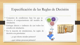 Especificación de las Reglas de Decisión 
• Conjuntos de condiciones bajo los que se 
observa el comportamiento del modelo de 
simulación. 
• Enfoque directo o indirecto de casi todos los 
estudios de simulación. 
• En la mayoría de simulaciones, las reglas de 
decisión son prioritarias: 
- ¿a qué cliente atender primero? 
- ¿qué trabajo procesar primero? 
 