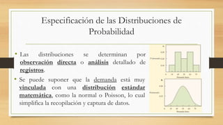 Especificación de las Distribuciones de 
Probabilidad 
• Las distribuciones se determinan por 
observación directa o análisis detallado de 
registros. 
• Se puede suponer que la demanda está muy 
vinculada con una distribución estándar 
matemática, como la normal o Poisson, lo cual 
simplifica la recopilación y captura de datos. 
 