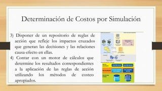 Determinación de Costos por Simulación 
3) Disponer de un repositorio de reglas de 
acción que refleje los impactos cruzados 
que generan las decisiones y las relaciones 
causa-efecto en ellas. 
4) Contar con un motor de cálculos que 
determine los resultados correspondientes 
a la aplicación de las reglas de acción 
utilizando los métodos de costeo 
apropiados. 
 