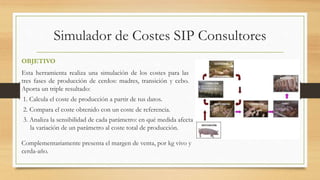 Simulador de Costes SIP Consultores 
OBJETIVO 
Esta herramienta realiza una simulación de los costes para las 
tres fases de producción de cerdos: madres, transición y cebo. 
Aporta un triple resultado: 
1. Calcula el coste de producción a partir de tus datos. 
2. Compara el coste obtenido con un coste de referencia. 
3. Analiza la sensibilidad de cada parámetro: en qué medida afecta 
la variación de un parámetro al coste total de producción. 
Complementariamente presenta el margen de venta, por kg vivo y 
cerda-año. 
 