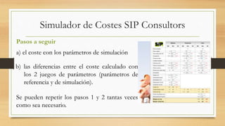 Simulador de Costes SIP Consultors 
Pasos a seguir 
a) el coste con los parámetros de simulación 
b) las diferencias entre el coste calculado con 
los 2 juegos de parámetros (parámetros de 
referencia y de simulación). 
Se pueden repetir los pasos 1 y 2 tantas veces 
como sea necesario. 
 