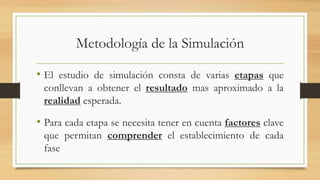 Metodología de la Simulación 
• El estudio de simulación consta de varias etapas que 
conllevan a obtener el resultado mas aproximado a la 
realidad esperada. 
• Para cada etapa se necesita tener en cuenta factores clave 
que permitan comprender el establecimiento de cada 
fase 
 