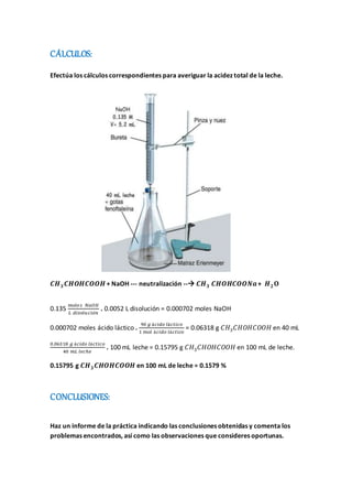 CÁLCULOS:
Efectúa los cálculos correspondientes para averiguar la acidez total de la leche.
𝑪𝑯 𝟑 𝑪𝑯𝑶𝑯𝑪𝑶𝑶𝑯 + NaOH --- neutralización -- 𝑪𝑯 𝟑 𝑪𝑯𝑶𝑯𝑪𝑶𝑶𝑵𝒂+ 𝑯 𝟐 𝐎
0.135
𝑚𝑜𝑙𝑒𝑠 𝑁𝑎𝑂𝐻
𝐿 𝑑𝑖𝑠𝑜𝑙𝑢𝑐𝑖ó𝑛
. 0.0052 L disolución = 0.000702 moles NaOH
0.000702 moles ácido láctico .
90 𝑔 á𝑐𝑖𝑑𝑜 𝑙á𝑐𝑡𝑖𝑐𝑜
1 𝑚𝑜𝑙 á𝑐𝑖𝑑𝑜 𝑙á𝑐𝑡𝑖𝑐𝑜
= 0.06318 g 𝐶𝐻3 𝐶𝐻𝑂𝐻𝐶𝑂𝑂𝐻 en 40 mL
0.06318 𝑔 á𝑐𝑖𝑑𝑜 𝑙á𝑐𝑡𝑖𝑐𝑜
40 𝑚𝐿 𝑙𝑒𝑐ℎ𝑒
. 100 mL leche = 0.15795 g 𝐶𝐻3 𝐶𝐻𝑂𝐻𝐶𝑂𝑂𝐻 en 100 mL de leche.
0.15795 g 𝑪𝑯 𝟑 𝑪𝑯𝑶𝑯𝑪𝑶𝑶𝑯 en 100 mL de leche = 0.1579 %
CONCLUSIONES:
Haz un informe de la práctica indicando las conclusiones obtenidas y comenta los
problemas encontrados, así como las observaciones que consideres oportunas.
 