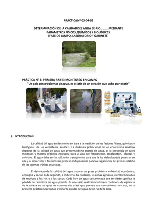 PRÁCTICA Nº 03-04-05
DETERMINACIÓN DE LA CALIDAD DEL AGUA DE RIO………..MEDIANTE
PARAMETROS FÍSICOS, QUÍMICOS Y BIOLÓGICOS
(FASE DE CAMPO, LABORATORIO Y GABINETE)
PRÁCTICA N° 3: PRIMERA PARTE: MONITOREO EN CAMPO
"Un país con problemas de agua, es el latir de un corazón que lucha por existir"
I. INTRODUCCIÓN
La calidad del agua se determina en base a la medición de los factores físicos, químicos y
biológicos de un ecosistema acuático. La dinámica poblacional de un ecosistema acuático
depende de la calidad de agua que presenta dicho cuerpo de agua, de la presencia de sales
minerales y materia orgánica necesaria para la vida del fitoplancton, zooplancton, plantas y
animales. El agua debe ser lo suficiente transparente para que la luz del sol pueda penetrar en
ella y se desarrolle la fotosíntesis, proceso indispensable para los organismos del primer eslabón
de las cadenas tróficas acuáticas.
El deterioro de la calidad del agua supone un grave problema ambiental, económico,
ecológico y social. Cada segundo, la industria, las ciudades, las zonas agrícolas, vierten toneladas
de residuos a los ríos y a las costas. Cada litro de agua contaminada que se vierte significa la
pérdida de cien litros de agua potable. Es necesario realizar monitoreos continuos de vigilancia
de la calidad de las aguas de nuestros ríos y del agua potable que consumimos. Por esto, en la
presente práctica se propone estimar la calidad del agua de un río de la zona.
 