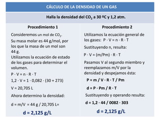 Procedimiento 1 Procedimiento 2
CÁLCULO DE LA DENSIDAD DE UN GAS
Halla la densidad del CO2 a 30 ºC y 1,2 atm.
Consideremos un mol de CO2.
Su masa molar es 44 g/mol, por
los que la masa de un mol son
44 g.
Utilizamos la ecuación de estado
de los gases para determinar el
volumen.
P · V = n · R · T
1,2 · V = 1 · 0,082 · (30 + 273)
V = 20,705 L
Ahora determino la densidad:
d = m/V = 44 g / 20,705 L=
d = 2,125 g/L
Utilizamos la ecuación general de
los gases: P · V = n · R · T
Sustituyendo n, resulta:
P · V = (m/Pm) · R · T
P = m / V · R · T / Pm
Pasamos V al segundo miembro y
reemplazamos m/V por la
densidad y despejamos ésta:
d = P · Pm / R · T
Sustituyendo y operando resulta:
d = 1,2 · 44 / 0082 · 303
d = 2,125 g/L
 