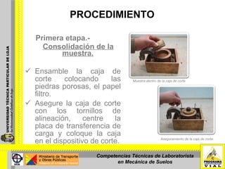 PROCEDIMIENTO Primera etapa.-  Consolidación de la muestra. Ensamble la caja de corte colocando las piedras porosas, el papel filtro. Asegure la caja de corte con los tornillos de alineación, centre la placa de transferencia de carga y coloque la caja en el dispositivo de corte. Muestra dentro de la caja de corte Aseguramiento de la caja de corte. Competencias Técnicas de Laboratorista en Mecánica de Suelos 