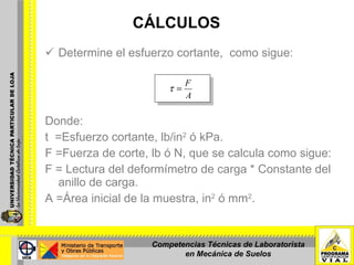 CÁLCULOS Determine el esfuerzo cortante,  como sigue: Donde: t  =Esfuerzo cortante, lb/in 2  ó kPa. F =Fuerza de corte, lb ó N, que se calcula como sigue: F = Lectura del deformímetro de carga * Constante del anillo de carga. A =Área inicial de la muestra, in 2  ó mm 2 . Competencias Técnicas de Laboratorista en Mecánica de Suelos 