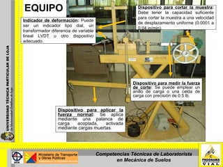 EQUIPO Dispositivo para aplicar la fuerza normal :  Se aplica mediante una palanca de carga acoplada, activada mediante cargas muertas. Dispositivo para cortar la muestra :  Debe tener la capacidad suficiente para cortar la muestra a una velocidad de desplazamiento uniforme (0.0001 a 0.04 in/min). Dispositivo para medir la fuerza de corte :  Se puede emplear un anillo de carga o una celda de carga con precisión de 0.5 lb. Indicador de deformación :  Puede ser un indicador tipo dial, un transformador diferencia de variable lineal LVDT u otro dispositivo adecuado. Competencias Técnicas de Laboratorista en Mecánica de Suelos 