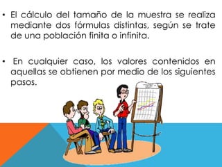 • El cálculo del tamaño de la muestra se realiza 
mediante dos fórmulas distintas, según se trate 
de una población finita o infinita. 
• En cualquier caso, los valores contenidos en 
aquellas se obtienen por medio de los siguientes 
pasos. 
 