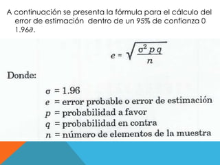 A continuación se presenta la fórmula para el cálculo del 
error de estimación dentro de un 95% de confianza 0 
1.96휕. 
 