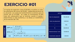 Un equipo de aspersión cuesta $100,000 y se estima un valor
de salvamento del mismo de $5,000, independientemente de
su duración. Los costos de mantenimiento se estiman para el
primer año en $15,000, los cuales se incrementan $1,500
cada año subsecuente que se continúe usando el equipo.
Determínese su vida económica, si se desea un rendimiento
de la inversión del 15%.
EJERCICIO #01
(A/P,i,n)
(A/G,i,n)
CA
FÓRMULAS
DATOS
Valor de adquisición 100,000.00
Valor de salvamento 5,000.00
i 15%
B 95,000.00
Mantenimiento(1 año) 15,000.00
Incremento cada año 1,500.00
 