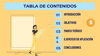 01 INTRODUCCIÓN
TABLA DE CONTENIDOS
02 OBJETIVOS
03 Marco teórico
0
4
Ejercicio deaplicación
05 Conclusiones
 