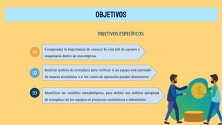 OBJETIVOS
01
02
03
OBJETIVOS ESPECÍFICOS
Comprender la importancia de conocer la vida útil de equipos y
maquinaria dentro de una empresa.
Realizar análisis de reemplazo para verificar si un equipo está operando
de manera económica o si los costos de operación pueden disminuirse.
Identificar las variables metodológicas, para definir una política apropiada
de reemplazo de los equipos en proyectos económicos e industriales.
 